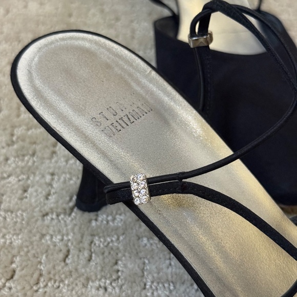 Stuart Weitzman Black Satin Slingback Kitten Heels 10.5M Rhinestone Strap - Picture 6 of 9